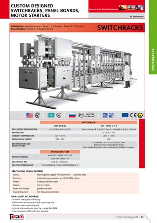 YOUR PARTNER FOR SAFETY
Since 1961
Explosion Proof Electrical Equipment
SWITCHRACKS
Feam Catalogue 01 - 95
Switchracks
On Request Accessories:
•Stainless steel pipes and fittings
•Galvanized steel epoxy painted supporting rack
•Stainless steel supporting rack
•Internal anticondensate painting orange RAL-2004
•External colours different from standard
Mechanical characteristics
Boxes	 marine grade copper free aluminum - stainless steel
Painting	 external epoxy powders grey RAL-9006 colour
Screws	 external stainless steel
Gaskets	 silicon rubber
Pipes and fittings	 galvanized steel
Supporting rack	 hot dip galvanized steel
Installation: hazardous areas - Zone 1 / 2 (Gases) - Zone 21 /22 (Dusts)
Classification: Group II - Category 2G 2D
CUSTOM DESIGNED
SWITCHRACKS, PANEL BOARDS,
MOTOR STARTERS Ex Enclosures
SWITCHRACK
ATEX 94/9/EC NEC - NEMA 4, 7, 9
EXECUTION/ INSTALLATION II 2 GD Ex d IIB+H2 / IIC Class I - Groups B, C and D / Class II - Groups E, F, and G / Class III
PROTECTION - 4, 7 BCD, 9 EFG
AMBIENT TEMPERATURE -60° + 130°C -20°C ÷ +40°C
MECHANICAL DEGREE IP65 - IP66 IP66
CERTIFICATION AND
COMPLIANCES -
UL Standard 1203 - 4° Ed. (15 Sett. 2006)
Explosion-Proof / Dust-Ignition-Proof
Electrical Equipment for Use in Hazardous (Classified) Locations
ANTISEISMIC TEST
FOR PERFORMING
zone UBC 3 e MSK > VIII < IX
zone UBC 4 MSK > IX
CERTIFICATE REF. CESI doc.: A9022645
RULES OF COMPLIANCE CEI EN 60068-2-57 Cat.1; CEI EN 60068-3-3
 