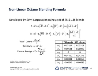 Updated: July 12, 2018
Copyright © 2017 John Jechura (jjechura@mines.edu)
Non‐Linear Octane Blending Formula
Developed by Ethyl Corporation using a set of 75 & 135 blends
122
   
 
 
   
 
       
     
   
 

   
 
      
   
   
 


  

 


2 2 2 2
1 2 3
2
2 2
2 2
1 2 3
100
"Road" Octane
2
Sensitivity
Volume Average i i
i
R R a RJ R J a O O a A A
A A
M M b MJ M J b O O b
R M
J R M
V X
X
V
Petroleum Refinery Process Economics, 2nd ed. ,
by Robert E. Maples, PennWell Corp., 2000
75 blends 135 blends
a 1 0.03224 0.03324
a 2 0.00101 0.00085
a 3 0 0
b 1 0.04450 0.04285
b 2 0.00081 0.00066
b 3 ‐0.00645 ‐0.00632
 