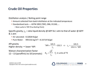 Updated: July 12, 2018
Copyright © 2017 John Jechura (jjechura@mines.edu)
Crude Oil Properties
Distillation analysis / Boiling point range
 Amount collected from batch distillation at the indicated temperature
 Standardized tests — ASTM 2892 (TBP), D86, D1160, …
• Most useful is TBP (True Boiling Point)
Specific gravity, o – ratio liquid density @ 60oF & 1 atm to that of water @ 60oF
& 1 atm
 Air saturated: 8.32828 lb/gal
 Pure Water: 999.016 kg/m³ = 8.33719 lb/gal
API gravity
Higher density  lower oAPI
Watson characterization factor
12 – 13 (paraffinic) to 10 (aromatic)
14
    
 
141.5 141.5
°API 131.5
131.5 °API
o
o


3
in units of °R
b
W b
o
T
K T
 