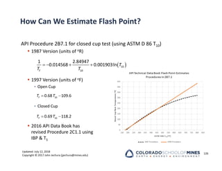 Updated: July 12, 2018
Copyright © 2017 John Jechura (jjechura@mines.edu)
How Can We Estimate Flash Point?
API Procedure 2B7.1 for closed cup test (using ASTM D 86 T10)
 1987 Version (units of oR)
 1997 Version (units of oF)
• Open Cup
• Closed Cup
 2016 API Data Book has
revised Procedure 2C1.1 using
IBP & T5
126
 
    10
10
1 2.84947
0.014568 0.001903ln
F
T
T T
 
10
0.68 109.6
F
T T
 
10
0.69 118.2
F
T T
 