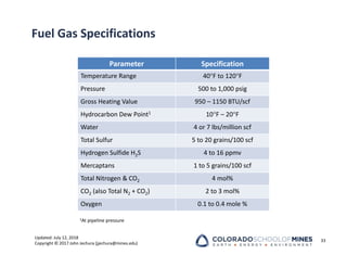 Updated: July 12, 2018
Copyright © 2017 John Jechura (jjechura@mines.edu)
Fuel Gas Specifications
Parameter Specification
Temperature Range 40F to 120F
Pressure 500 to 1,000 psig
Gross Heating Value 950 – 1150 BTU/scf
Hydrocarbon Dew Point1 10F – 20F
Water 4 or 7 lbs/million scf
Total Sulfur 5 to 20 grains/100 scf
Hydrogen Sulfide H2S 4 to 16 ppmv
Mercaptans 1 to 5 grains/100 scf
Total Nitrogen & CO2 4 mol%
CO2 (also Total N2 + CO2) 2 to 3 mol%
Oxygen 0.1 to 0.4 mole %
33
1At pipeline pressure
 