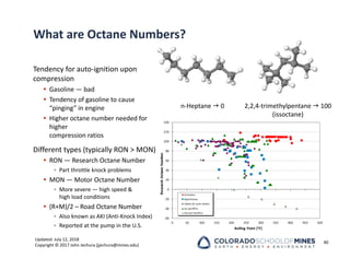 Updated: July 12, 2018
Copyright © 2017 John Jechura (jjechura@mines.edu)
What are Octane Numbers?
Tendency for auto‐ignition upon
compression
 Gasoline — bad
 Tendency of gasoline to cause
“pinging” in engine
 Higher octane number needed for
higher
compression ratios
Different types (typically RON > MON)
 RON — Research Octane Number
• Part throttle knock problems
 MON — Motor Octane Number
• More severe — high speed &
high load conditions
 (R+M)/2 – Road Octane Number
• Also known as AKI (Anti‐Knock Index)
• Reported at the pump in the U.S.
40
n‐Heptane  0 2,2,4‐trimethylpentane  100
(issoctane)
 