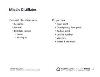 Updated: July 12, 2018
Copyright © 2017 John Jechura (jjechura@mines.edu)
Middle Distillates
General classifications
 Kerosene
 Jet fuel
 Distillate fuel oil
• Diesel
• Heating oil
Properties
 Flash point
 Cloud point / Pour point
 Aniline point
 Cetane number
 Viscosity
 Water & sediment
43
 