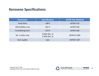 Updated: July 12, 2018
Copyright © 2017 John Jechura (jjechura@mines.edu)
Kerosene Specifications
Parameter Specification ASTM Test Method
Flash Point 100F ASTM D‐56
10% distilled, max 401F ASTM D‐86
Final Boiling Point 572F ASTM D‐86
No. 1 sulfur, max
0.04% (No. 1)
0.30% (No. 2)
ASTM D‐1266
Burn quality pass ASTM D‐187
49
 