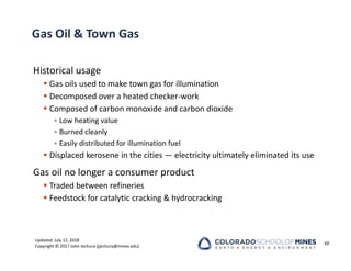 Updated: July 12, 2018
Copyright © 2017 John Jechura (jjechura@mines.edu)
Gas Oil & Town Gas
Historical usage
 Gas oils used to make town gas for illumination
 Decomposed over a heated checker‐work
 Composed of carbon monoxide and carbon dioxide
• Low heating value
• Burned cleanly
• Easily distributed for illumination fuel
 Displaced kerosene in the cities — electricity ultimately eliminated its use
Gas oil no longer a consumer product
 Traded between refineries
 Feedstock for catalytic cracking & hydrocracking
60
 
