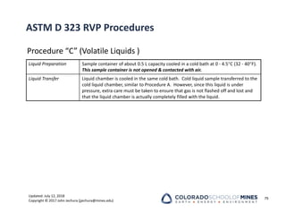 Updated: July 12, 2018
Copyright © 2017 John Jechura (jjechura@mines.edu)
ASTM D 323 RVP Procedures
Procedure “C” (Volatile Liquids )
79
Liquid Preparation Sample container of about 0.5 L capacity cooled in a cold bath at 0 ‐ 4.5C (32 ‐ 40F).
This sample container is not opened & contacted with air.
Liquid Transfer Liquid chamber is cooled in the same cold bath. Cold liquid sample transferred to the
cold liquid chamber, similar to Procedure A. However, since this liquid is under
pressure, extra care must be taken to ensure that gas is not flashed off and lost and
that the liquid chamber is actually completely filled with the liquid.
 