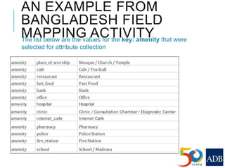 AN EXAMPLE FROM
BANGLADESH FIELD
MAPPING ACTIVITYThe list below are the values for the key: amenity that were
selected for attribute collection
 