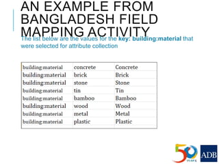 AN EXAMPLE FROM
BANGLADESH FIELD
MAPPING ACTIVITYThe list below are the values for the key: building:material that
were selected for attribute collection
 