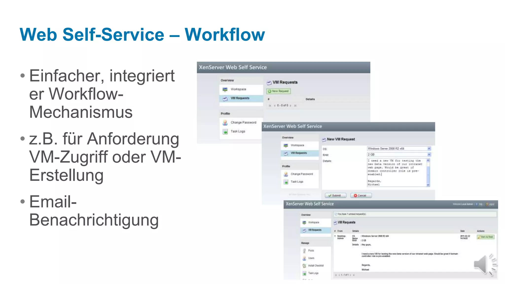 Sicherung und Archivierung von VMs überRichtlinienSnapshot und Archivierungmitseparaten Scheduling-MöglichkeitenPolicy-Konfiguration per AssistentMehrere VMs nutzen 1 PolicySuchfilter1 VM kannnurzu 1 Policy gehörenXenCenteroder CLIVM Protection & Recovery