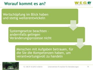 Worauf kommt es an?

Wertschöpfung im Blick haben
und stetig weiterentwickeln


    Systemgesetze beachten –
    andernfalls gelingen
    Veränderungsprozesse nicht


        Menschen mit Aufgaben betrauen, für
        die Sie die Kompetenzen haben, um
        verantwortungsvoll zu handeln

            12. CIB 27.10.2012 in Berlin   Unternehmen fit machen für Veränderungen   19
 