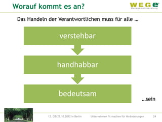 Worauf kommt es an?
 Das Handeln der Verantwortlichen muss für alle …


                      verstehbar


                    handhabbar


                     bedeutsam
                                                                                  …sein


             12. CIB 27.10.2012 in Berlin   Unternehmen fit machen für Veränderungen   24
 