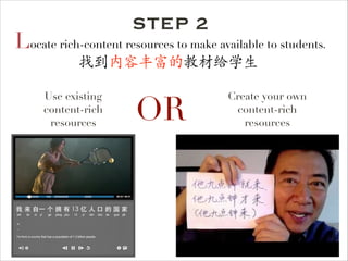 STEP 2

Locate rich-content resources to make available to students.
找到内容丰富的教材给学生

Use existing
content-rich
resources

OR

Create your own
content-rich
resources

 