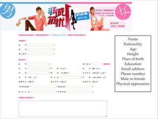 Name!
Nationality!
Age!
Height!
Place of birth!
Education!
Email address!
Phone number!
Male or female!
Physical appearance!

 