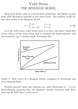 Yield Stress
THE BINGHAM MODEL
Structured ﬂuids, such as concentrated suspensions and liquid crystals
show solid rheological response at low stress levels. The simplest model for
this class of ﬂow is the Bingham Model.
σ =
Gγ σ < σ0
σ0 + ηp ˙γ σ > σ0
(1-24)
σ0 is the yield stress, below which there is no ﬂow, and above which ﬂow
occurs with σ0 of the stress being used to maintain the liquid response, and
the remainder (ηp ˙γ) causing simple Newtonian ﬂow.
Figure 7: Flow Curve of a Bingham Plastic compared to Newtonian and
shear-thinning ﬂuids.
Flexible polymer melts and solutions are either Newtonian (σ = η ˙γ) or
shear-thinning (meaning that the apparent viscosity decreases with shear
rate) but do NOT have a yield stress.
9
 