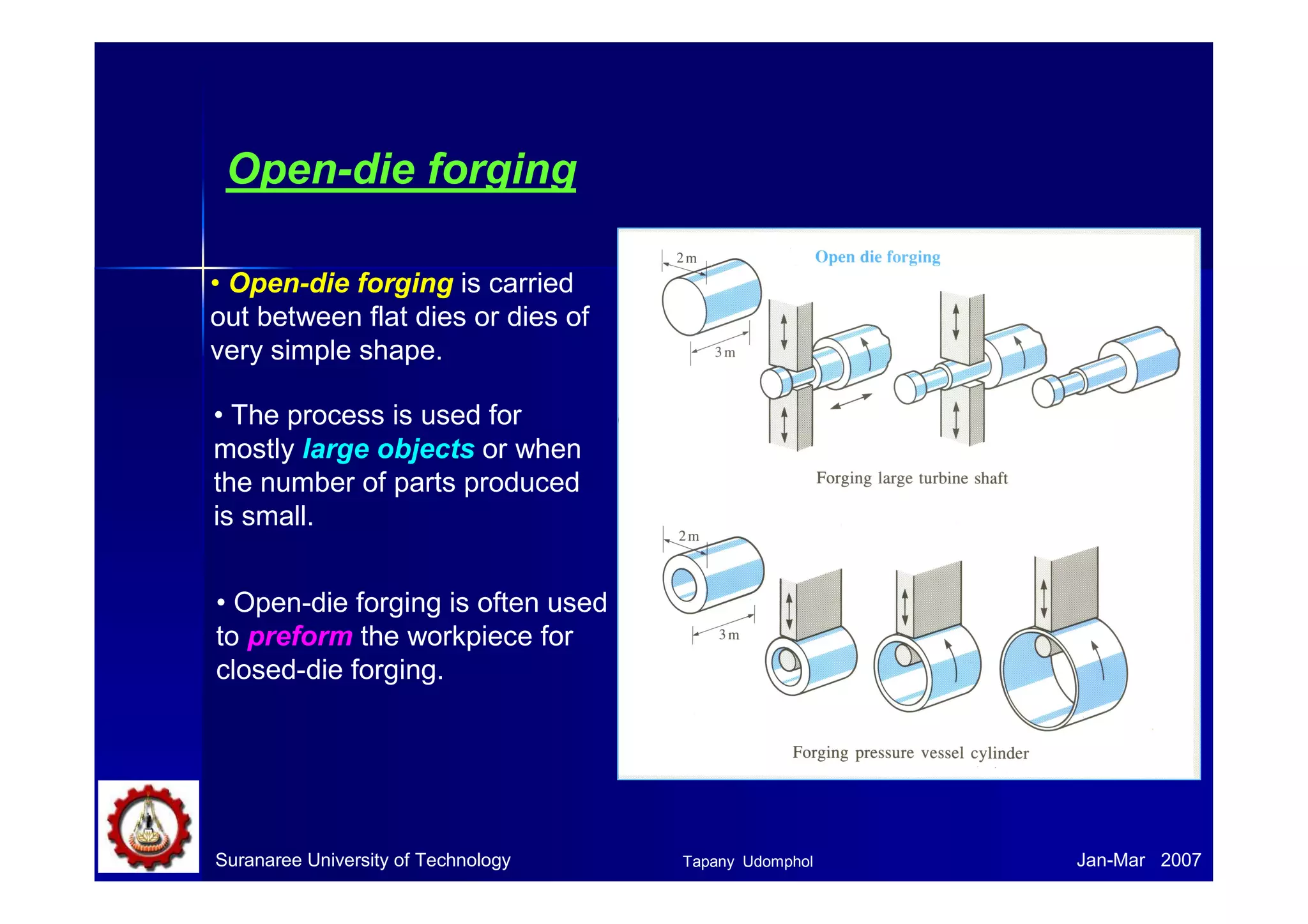 Suranaree University of Technology Jan-Mar 2007
Open-die forging
• Open-die forging is carried
out between flat dies or dies of
very simple shape.
• The process is used for
mostly large objects or when
the number of parts produced
is small.
• Open-die forging is often used
to preform the workpiece for
closed-die forging.
Tapany Udomphol
 