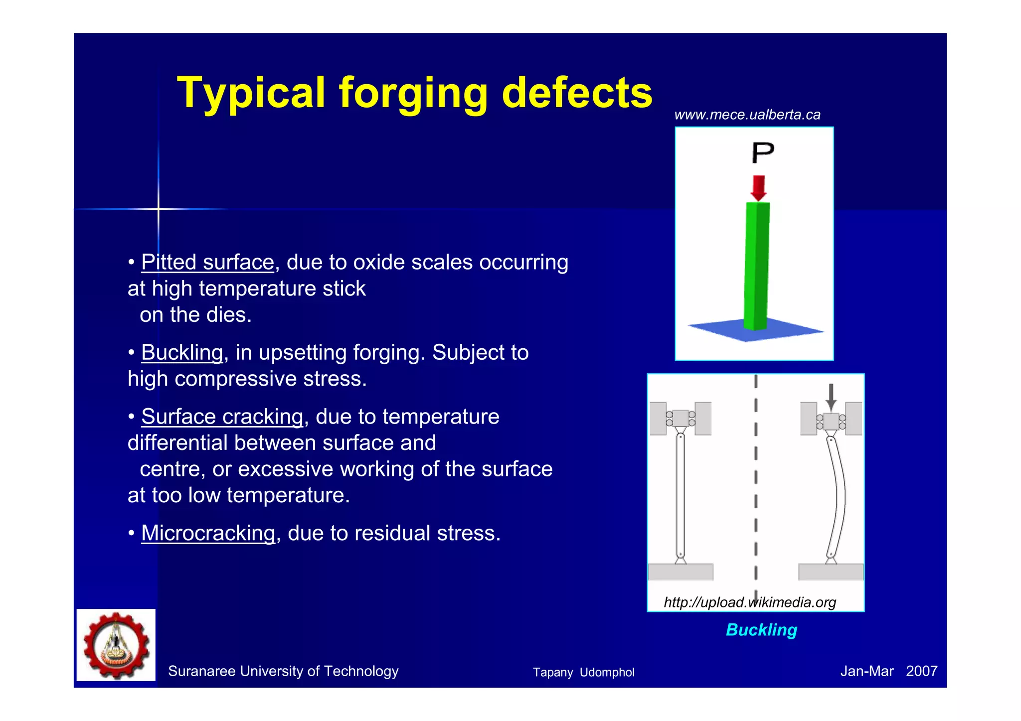 Suranaree University of Technology Jan-Mar 2007
Typical forging defects
• Pitted surface, due to oxide scales occurring
at high temperature stick
on the dies.
• Buckling, in upsetting forging. Subject to
high compressive stress.
• Surface cracking, due to temperature
differential between surface and
centre, or excessive working of the surface
at too low temperature.
• Microcracking, due to residual stress.
www.mece.ualberta.ca
Buckling
http://upload.wikimedia.org
Tapany Udomphol
 