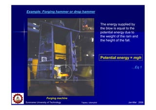 Suranaree University of Technology Jan-Mar 2006
Example: Forging hammer or drop hammer
The energy supplied by
the blow is equal to the
potential energy due to
the weight of the ram and
the height of the fall.
Potential energy = mgh
Forging machine
…Eq 1
Tapany Udomphol
 