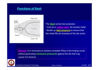 Suranaree University of Technology Jan-Mar 2007
The flash serves two purposes:
• Acts as a ‘safety value’ for excess metal.
• Builds up high pressure to ensure that
the metal fills all recesses of the die cavity.
Functions of flash
Remark: It is necessary to achieve complete filling of the forging cavity
without generating excessive pressures against the die that may
cause it to fracture.
Tapany Udomphol
 
