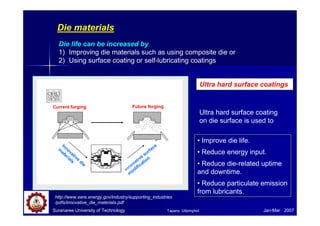 Die materials
Ultra hard surface coatings
Ultra hard surface coating
on die surface is used to
• Improve die life.
• Reduce energy input.
• Reduce die-related uptime
and downtime.
• Reduce particulate emission
from lubricants.
Suranaree University of Technology Jan-Mar 2007
Die life can be increased by
1) Improving die materials such as using composite die or
2) Using surface coating or self-lubricating coatings
Current forging Future forging
Innovative
die
m
aterials
Innovative
surface
m
odification
http://www.eere.energy.gov/industry/supporting_industries
/pdfs/innovative_die_materials.pdf
Tapany Udomphol
 