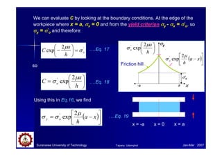 Suranaree University of Technology Jan-Mar 2007
We can evaluate C by looking at the boundary conditions. At the edge of the
workpiece where x = a, σσσσx = 0 and from the yield criterion σσσσy - σσσσx = σσσσ‘
o, so
σσσσy = σσσσ‘
o and therefore:
'2
exp o
h
a
C σ
µ
=





−
so






=
h
a
C o
µ
σ
2
exp'
….Eq. 17
….Eq. 18
Using this in Eq.16, we find
( )





−= xa
h
oy
µ
σσ
2
exp'
….Eq. 19
X
σo
Xa-a
σσσσ‘o
σσσσy






h
a
o
µ
σ
2
exp'
( )



− xa
h
o
µ
σ
2
exp'
Friction hill
x = ax = 0x = -a
Tapany Udomphol
 