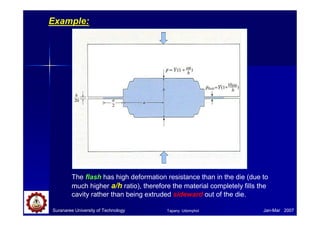 Suranaree University of Technology Jan-Mar 2007
Example:
The flash has high deformation resistance than in the die (due to
much higher a/h ratio), therefore the material completely fills the
cavity rather than being extruded sideward out of the die.
Tapany Udomphol
 