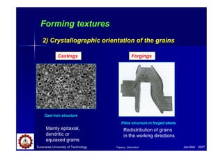 Suranaree University of Technology Jan-Mar 2007
Forming textures
2) Crystallographic orientation of the grains
Castings Forgings
Mainly epitaxial,
dendritic or
equiaxed grains
Redistribution of grains
in the working directions
Fibre structure in forged steels
Cast iron structure
Tapany Udomphol
 