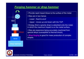 Forging hammer or drop hammer
• Provide rapid impact blows to the surface of the metal.
• Dies are in two halves
- Lower : fixed to anvil
- Upper : moves up and down with the TUP.
• Energy (from a gravity drop) is adsorbed onto the metal,
in which the maximum impact is on the metal surface.
• Dies are expensive being accurately machined from
special alloys (susceptible to thermal shock).
• Drop forging is good for mass production of complex
shapes.
Suranaree University of Technology Jan-Mar 2007
TUP
Anvil
Drop hammer
Metal
Belt
Tapany Udomphol
 