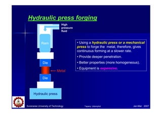 Suranaree University of Technology Jan-Mar 2007
Hydraulic press forging
• Using a hydraulic press or a mechanical
press to forge the metal, therefore, gives
continuous forming at a slower rate.
• Provide deeper penetration.
• Better properties (more homogeneous).
• Equipment is expensive.
Hydraulic press
Die
Die
Ram
High
pressure
fluid
Metal
Tapany Udomphol
 