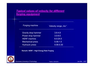 Typical values of velocity for different
forging equipment
Forging machine Velocity range, ms-1
Gravity drop hammer 3.6-4.8
Power drop hammer 3.0-9.0
HERF machine 6.0-24.0
Mechanical press 0.06-1.5
Hydraulic press 0.06-0.30
Suranaree University of Technology Jan-Mar 2007
Remark: HERF – High Energy Rate Forging
Tapany Udomphol
 