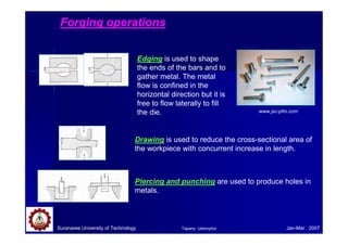 Suranaree University of Technology Jan-Mar 2007
Forging operations
Edging is used to shape
the ends of the bars and to
gather metal. The metal
flow is confined in the
horizontal direction but it is
free to flow laterally to fill
the die. www.jsc-pfm.com
Drawing is used to reduce the cross-sectional area of
the workpiece with concurrent increase in length.
Piercing and punching are used to produce holes in
metals.
Tapany Udomphol
 