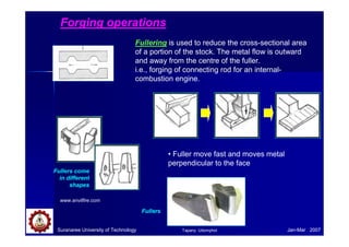 Suranaree University of Technology Jan-Mar 2007
Forging operations
Fullering is used to reduce the cross-sectional area
of a portion of the stock. The metal flow is outward
and away from the centre of the fuller.
i.e., forging of connecting rod for an internal-
combustion engine.
Fullers come
in different
shapes
• Fuller move fast and moves metal
perpendicular to the face
www.anvilfire.com
Fullers
Tapany Udomphol
 