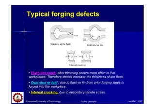 Typical forging defects
Suranaree University of Technology Jan-Mar 2007
Cracking at the flash Cold shut or fold
Internal cracking
• Flash line crack, after trimming-occurs more often in thin
workpieces. Therefore should increase the thickness of the flash.
• Cold shut or fold , due to flash or fin from prior forging steps is
forced into the workpiece.
• Internal cracking, due to secondary tensile stress.
Tapany Udomphol
 