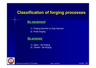 Suranaree University of Technology Jan-Mar 2007
Classification of forging processes
Classification of forging processes
By equipment
1) Forging hammer or drop hammer
2) Press forging
By process
1) Open - die forging
2) Closed - die forging
Tapany Udomphol
 