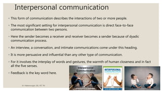 Interpersonal communication
◦ This form of communication describes the interactions of two or more people.
◦ The most significant setting for interpersonal communication is direct face-to-face
communication between two persons.
◦ Here the sender becomes a receiver and receiver becomes a sender because of dyadic
communication process.
◦ An interview, a conversation, and intimate communications come under this heading.
◦ It is more persuasive and influential than any other type of communication.
◦ For it involves the interplay of words and gestures, the warmth of human closeness and in fact
all the five senses.
◦ Feedback is the key word here.
Dr J Balamurugan, SSL, VIT, TN.
 