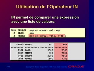 2-11 Copyright © Oracle Corporation, 1998.Tous droits réservés.
Utilisation de l’Opérateur IN
IN permet de comparer une expressionIN permet de comparer une expression
avec une liste de valeurs.avec une liste de valeurs.
SQL> SELECT empno, ename, sal, mgr
2 FROM emp
3 WHERE mgr IN (7902, 7566, 7788);
EMPNO ENAME SAL MGR
--------- ---------- --------- ---------
7902 FORD 3000 7566
7369 SMITH 800 7902
7788 SCOTT 3000 7566
7876 ADAMS 1100 7788
 