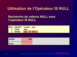 2-14 Copyright © Oracle Corporation, 1998.Tous droits réservés.
Utilisation de l’Opérateur IS NULL
Recherche de valeurs NULL avecRecherche de valeurs NULL avec
l’opérateur IS NULLl’opérateur IS NULL
SQL> SELECT ename, mgr
2 FROM emp
3 WHERE mgr IS NULL;
ENAME MGR
---------- ---------
KING
 