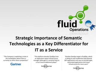 Strategic Importance of Semantic
         Technologies as a Key Differentiator for
                      IT as a Service
 “The Company is exploiting a niche in    “This platform elevates fluidOps from       “Another DevOps target is fluidOps, which
    the marketplace where there is         an application-aware infrastructure        is taking its IaaS enablement play beyond
currently no other direct competition”   manager (although it's certainly that) to   SAP applications and users to provide agile,
                                            a true cloud-enablement player”                automated applications and cloud
                                                                                             infrastructure for more users”
 