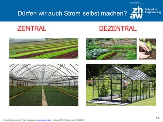 Zürcher Fachhochschule; Franz Baumgartner, www.zhaw.ch/~bauf ; Vortrag ZHAW, Winterthur am 26. Okt 2016
Dürfen wir auch Strom selbst machen?
ZENTRAL DEZENTRAL
12
 