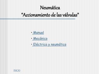 Neumática
“Accionamiento de las válvulas”
• Manual
• Mecánico
• Eléctrico y neumático
INICIO
 