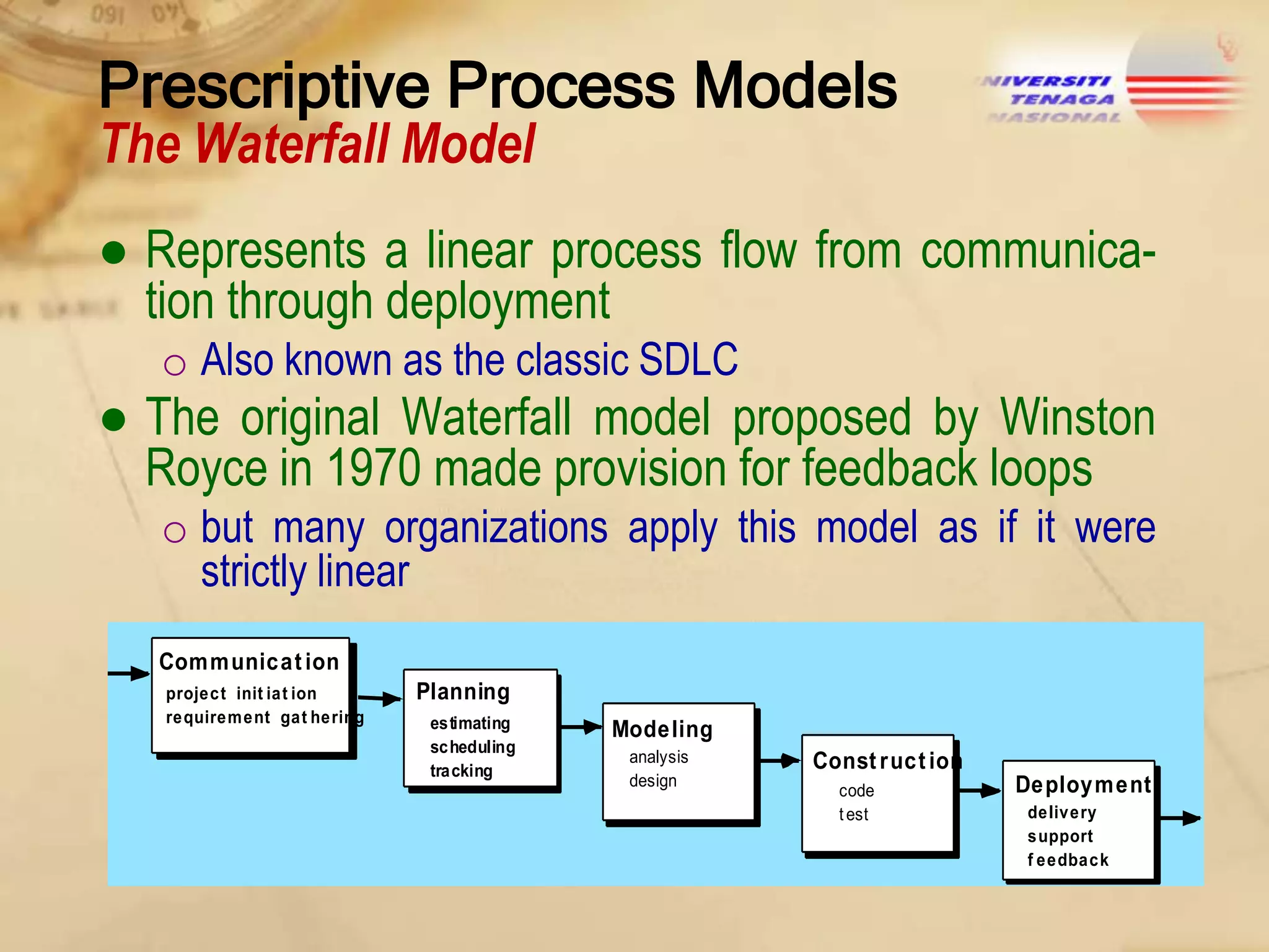 Prescriptive Process Models
The Waterfall Model

● Represents a linear process flow from communication through deployment
o Also known as the classic SDLC

● The original Waterfall model proposed by Winston
Royce in 1970 made provision for feedback loops
o but many organizations apply this model as if it were
strictly linear
Communicat ion
project init iat ion
requirement gat hering

Planning
estimating
scheduling
tracking

Modeling
analysis
design

Const ruct ion
code
t est

Deployment
delivery
support
f eedback

 