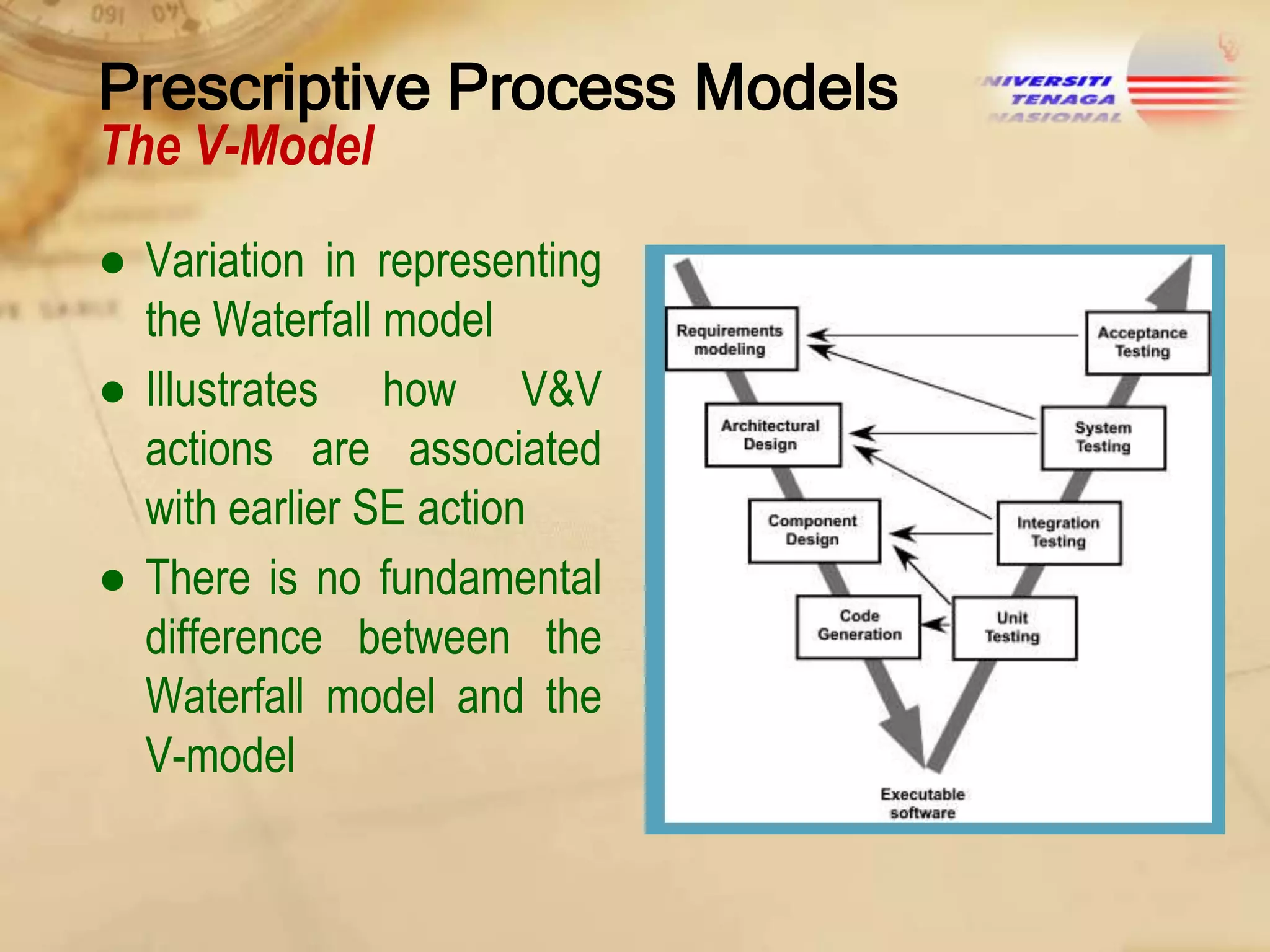 Prescriptive Process Models
The V-Model

● Variation in representing
the Waterfall model
● Illustrates how V&V
actions are associated
with earlier SE action
● There is no fundamental
difference between the
Waterfall model and the
V-model

 
