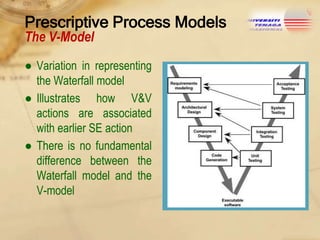 Prescriptive Process Models
The V-Model

● Variation in representing
the Waterfall model
● Illustrates how V&V
actions are associated
with earlier SE action
● There is no fundamental
difference between the
Waterfall model and the
V-model

 