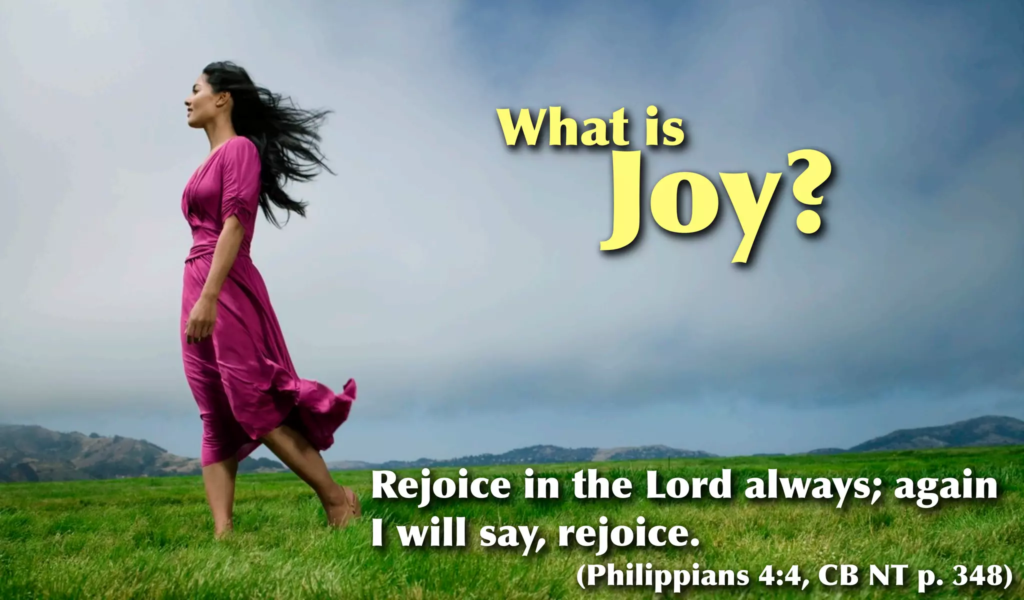 What is
            Joy?

Rejoice in the Lord always; again
I will say, rejoice.
          (Philippians 4:4, CB NT p. 348)
 