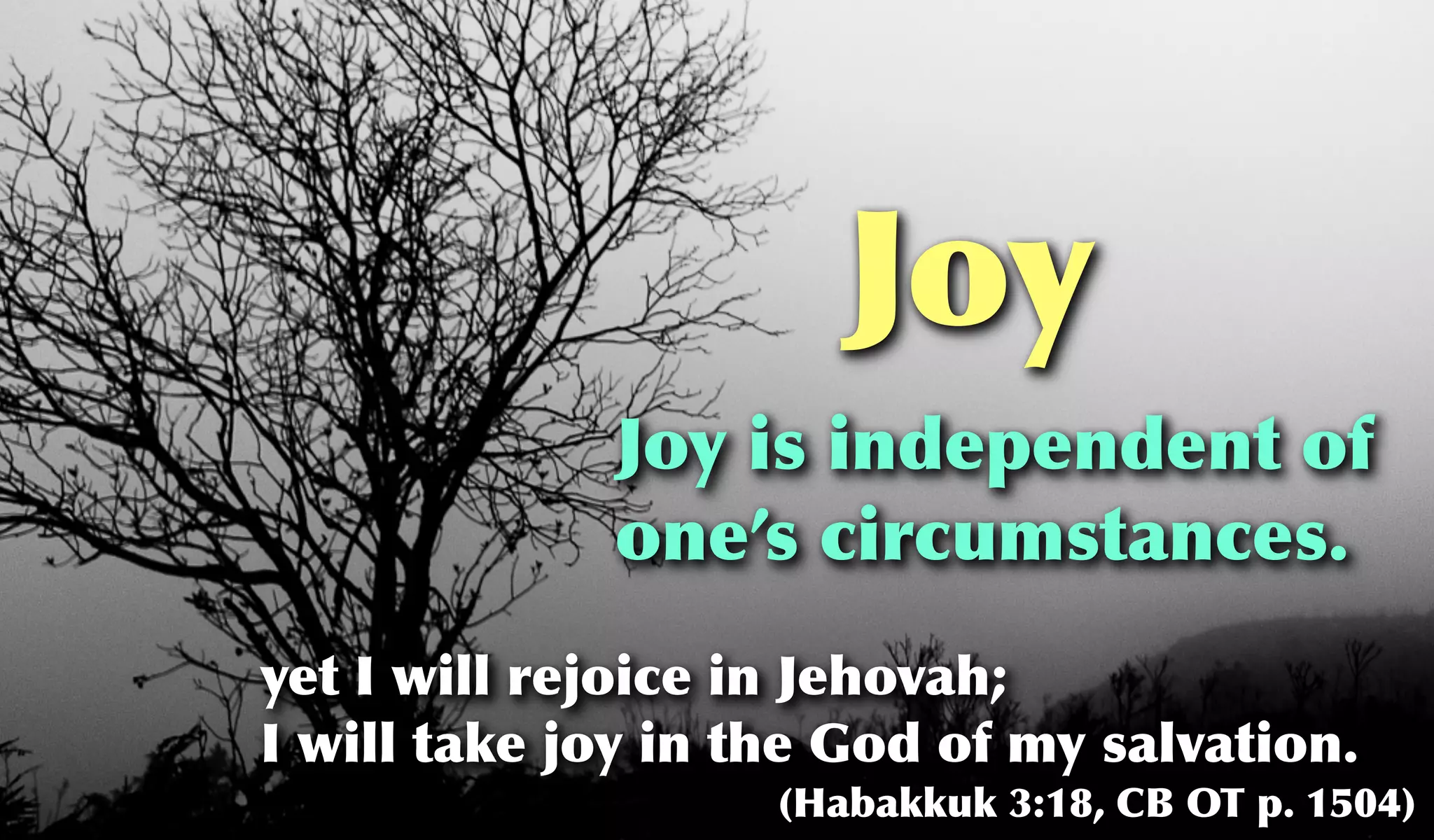 Joy
             Joy is independent of
             one’s circumstances.
yet I will rejoice in Jehovah;
I will take joy in the God of my salvation.
                    (Habakkuk 3:18, CB OT p. 1504)
 