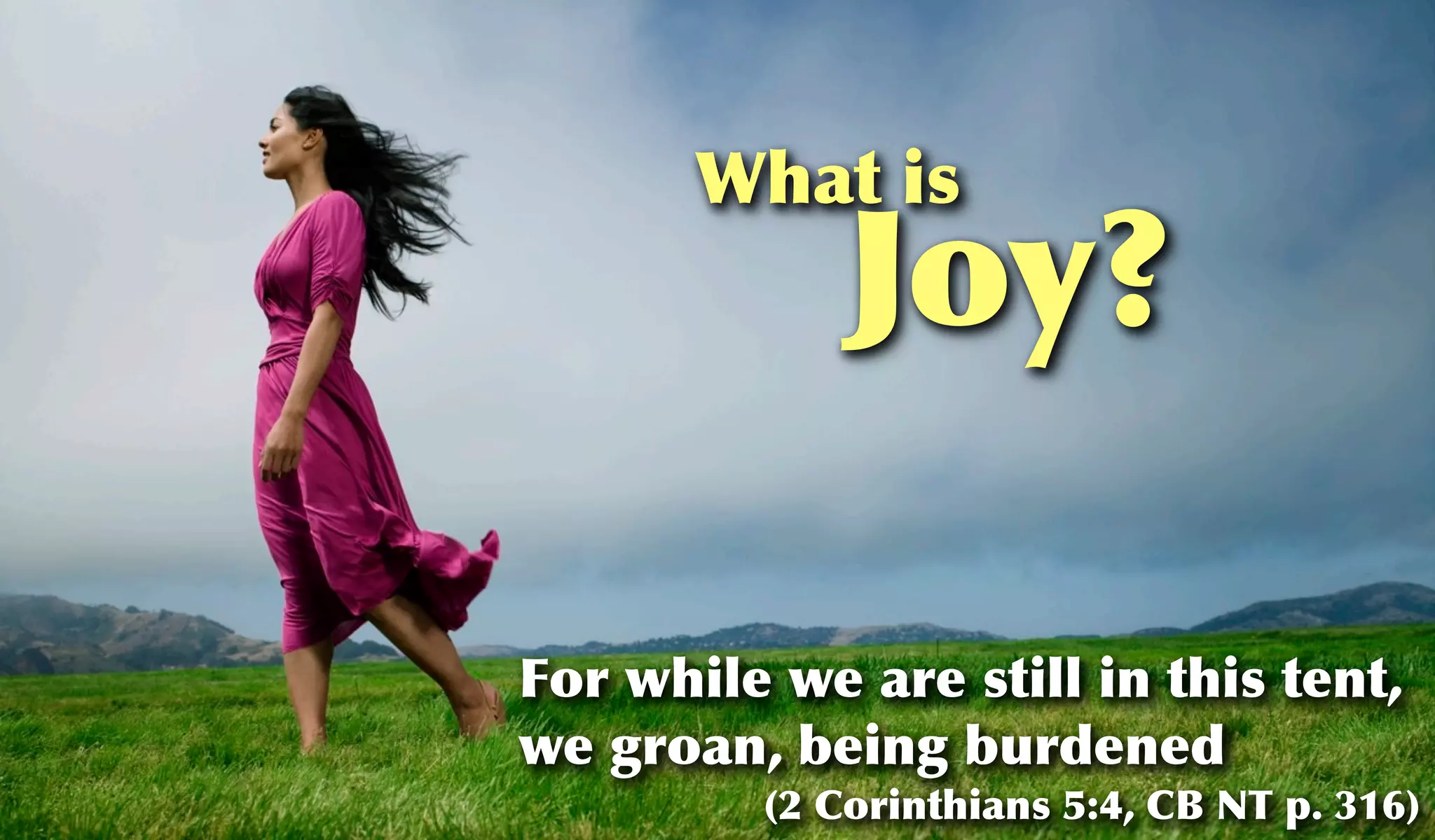 What is
             Joy?

For while we are still in this tent,
we groan, being burdened
         (2 Corinthians 5:4, CB NT p. 316)
 