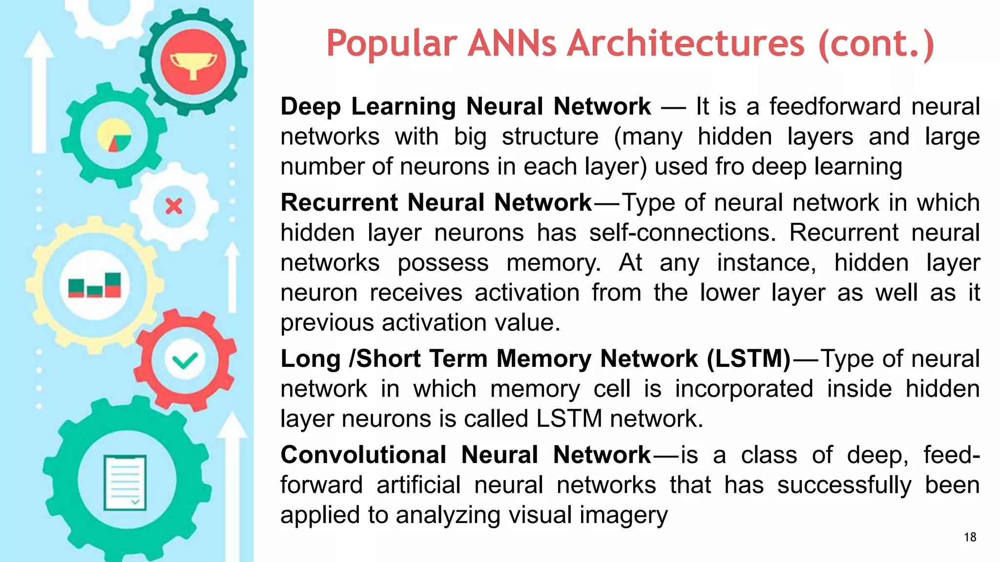 Popular ANNs Architectures (cont.)
18
Deep Learning Neural Network — It is a feedforward neural
networks with big structure (many hidden layers and large
number of neurons in each layer) used fro deep learning
Recurrent Neural Network—Type of neural network in which
hidden layer neurons has self-connections. Recurrent neural
networks possess memory. At any instance, hidden layer
neuron receives activation from the lower layer as well as it
previous activation value.
Long /Short Term Memory Network (LSTM)—Type of neural
network in which memory cell is incorporated inside hidden
layer neurons is called LSTM network.
Convolutional Neural Network—is a class of deep, feed-
forward artificial neural networks that has successfully been
applied to analyzing visual imagery
 
