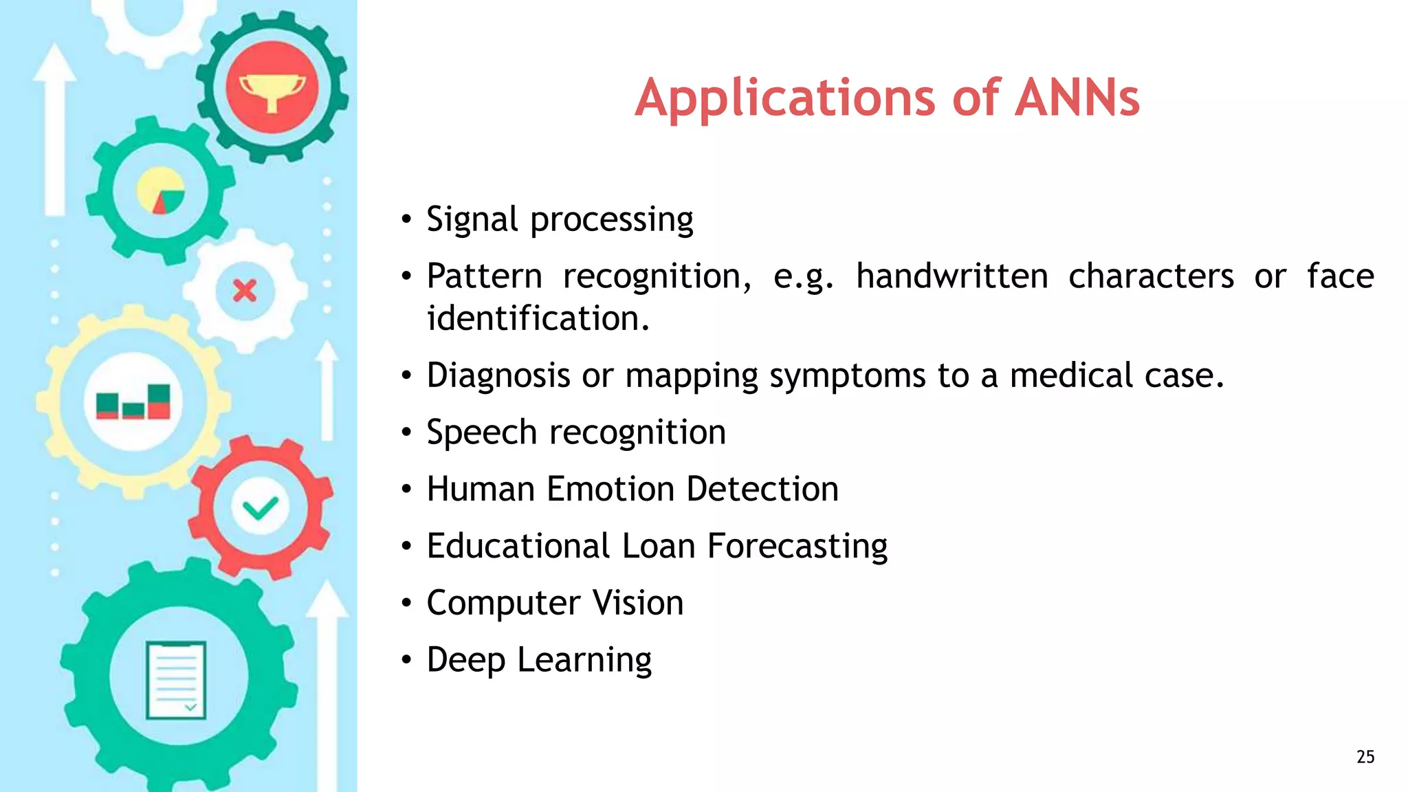 Applications of ANNs
• Signal processing
• Pattern recognition, e.g. handwritten characters or face
identification.
• Diagnosis or mapping symptoms to a medical case.
• Speech recognition
• Human Emotion Detection
• Educational Loan Forecasting
• Computer Vision
• Deep Learning
25
 