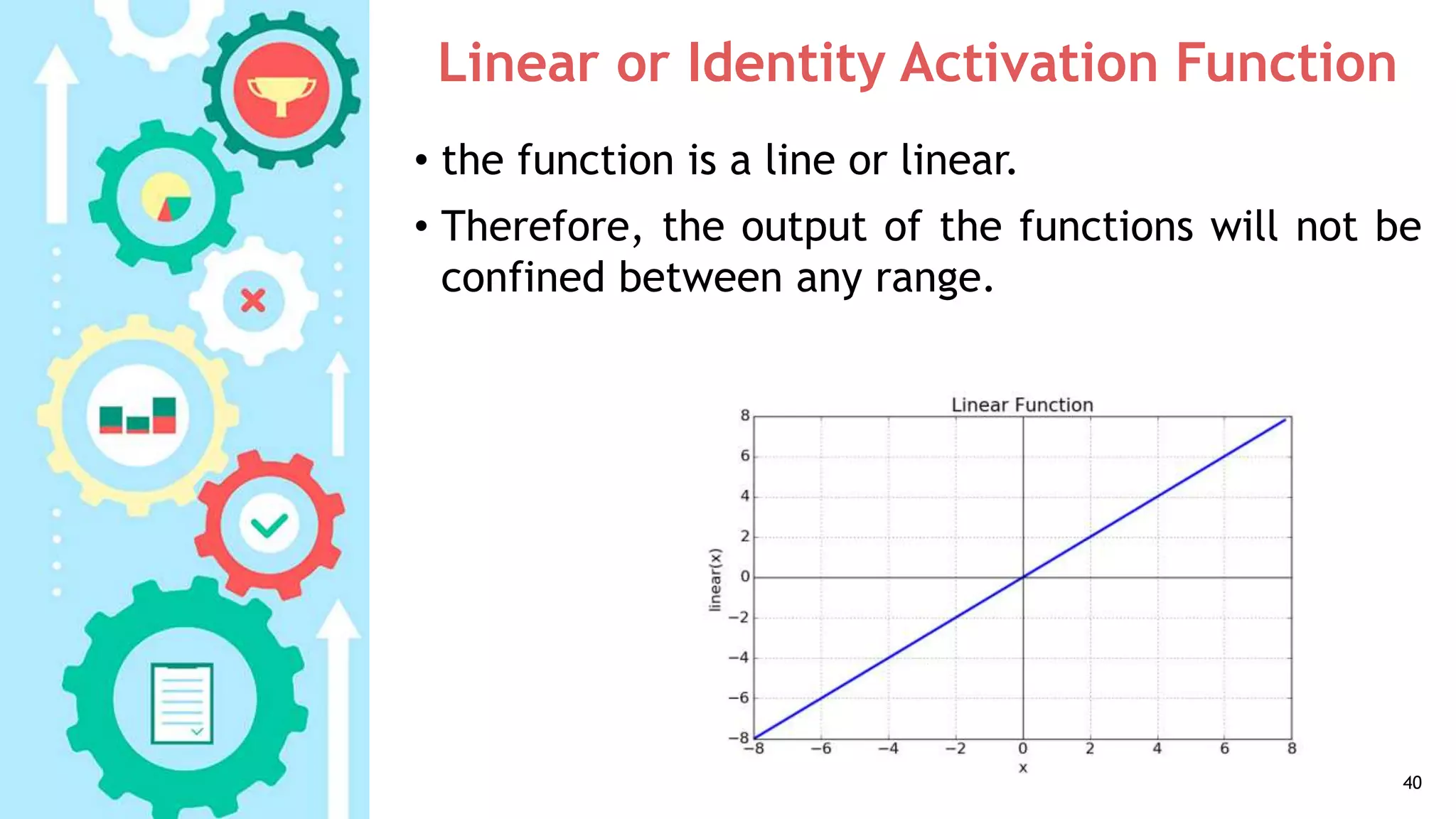 Linear or Identity Activation Function
• the function is a line or linear.
• Therefore, the output of the functions will not be
confined between any range.
40
 