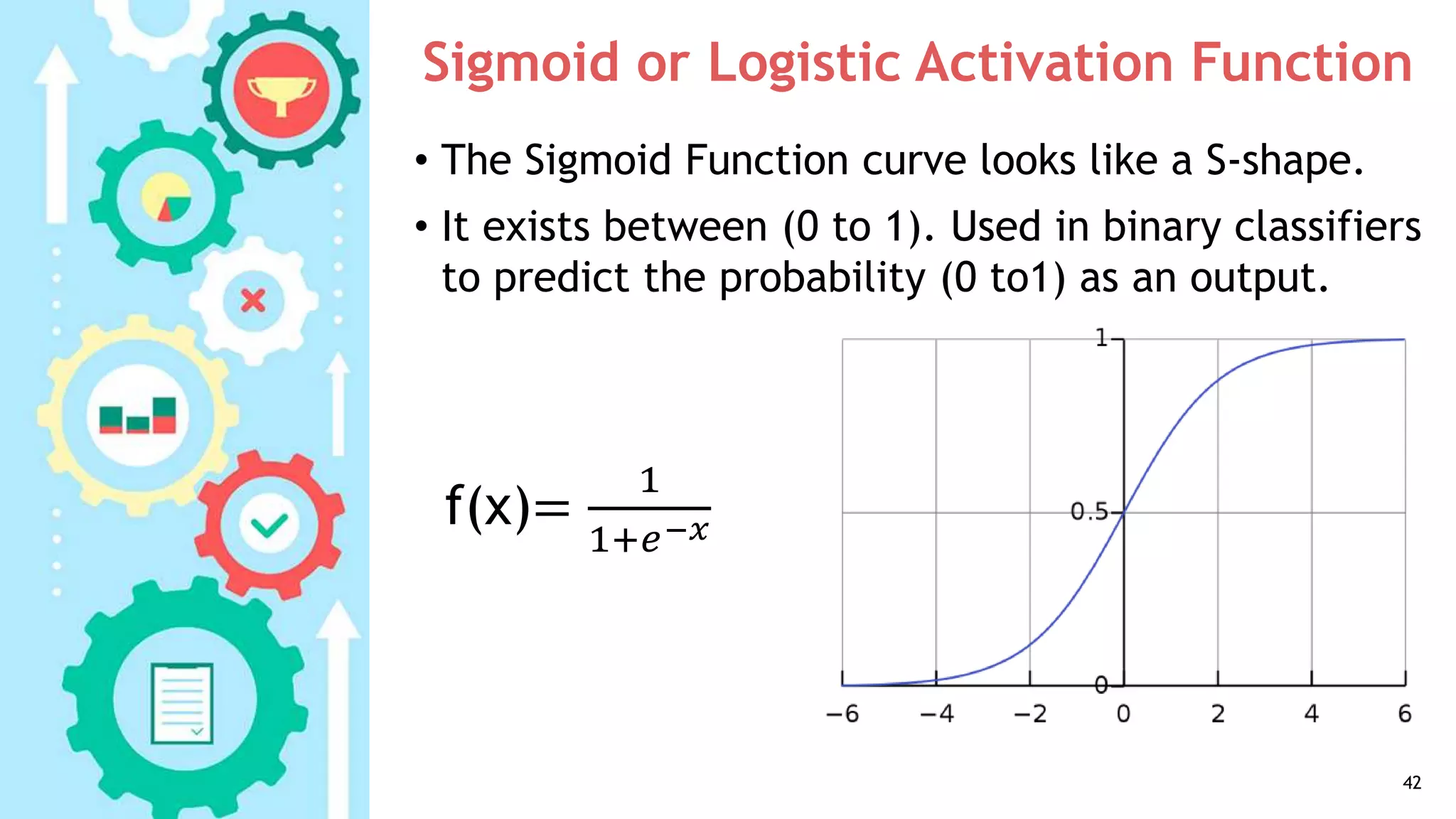 Sigmoid or Logistic Activation Function
• The Sigmoid Function curve looks like a S-shape.
• It exists between (0 to 1). Used in binary classifiers
to predict the probability (0 to1) as an output.
42
f(x)=
1
1+𝑒−𝑥
 