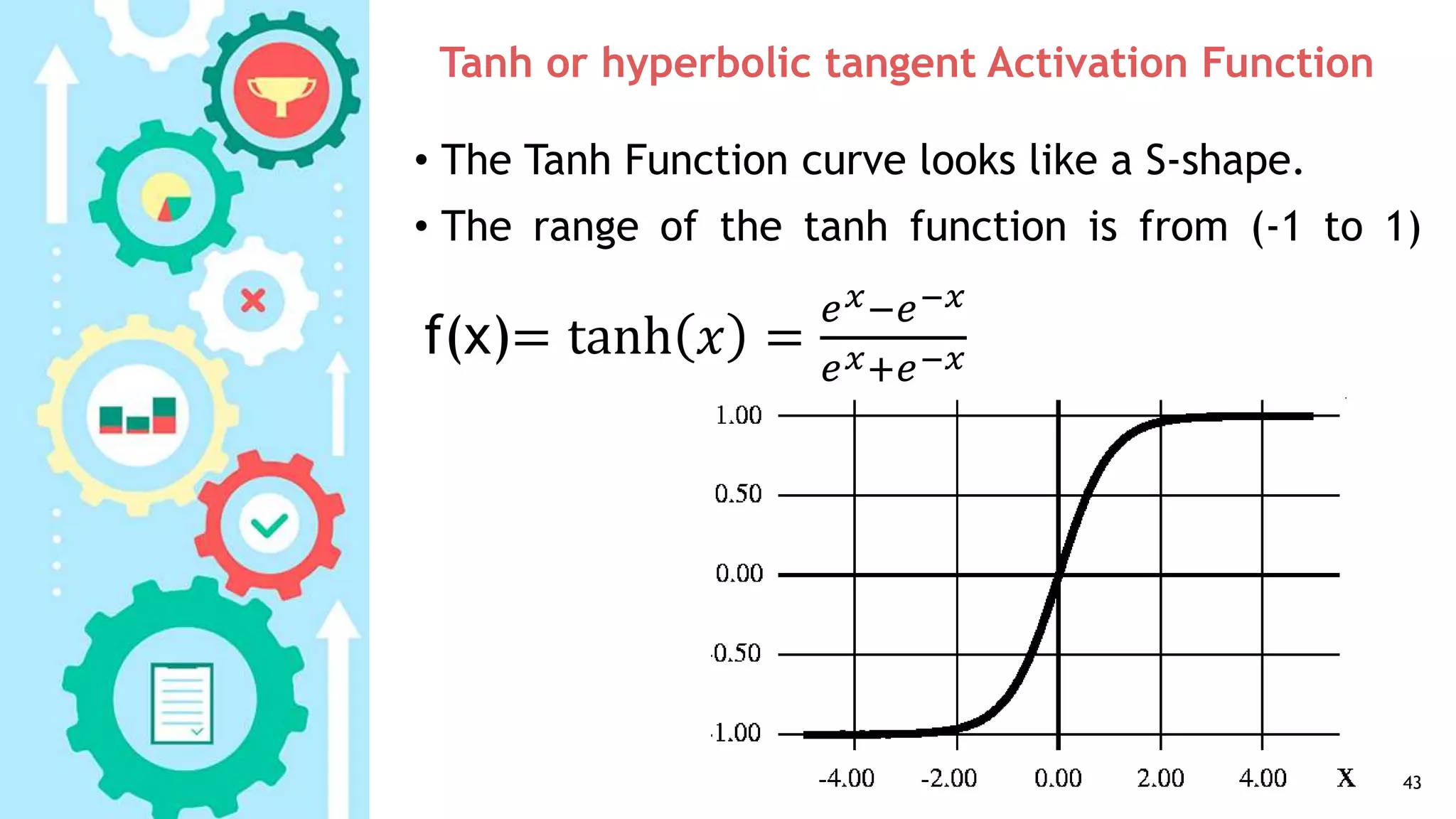 Tanh or hyperbolic tangent Activation Function
• The Tanh Function curve looks like a S-shape.
• The range of the tanh function is from (-1 to 1)
43
f(x)= tanh 𝑥 =
𝑒 𝑥−𝑒−𝑥
𝑒 𝑥+𝑒−𝑥
 